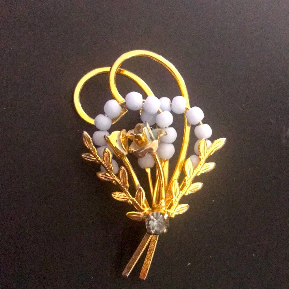 Vintage Austrian Gold Tone Floral Brooch Simulated Aquamarine Stone Lapel Pin